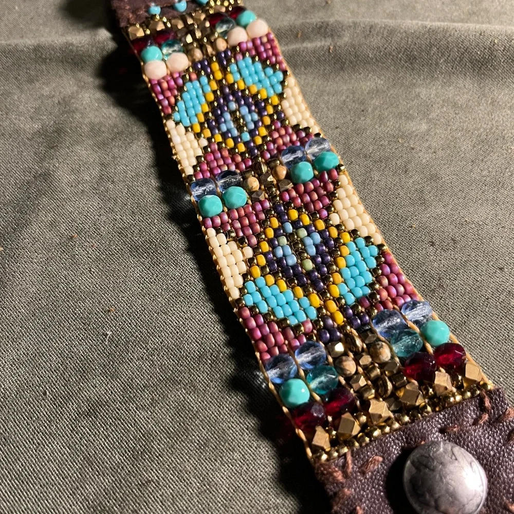 Beaded boho leather cuff bracelet - Picture 2 of 4